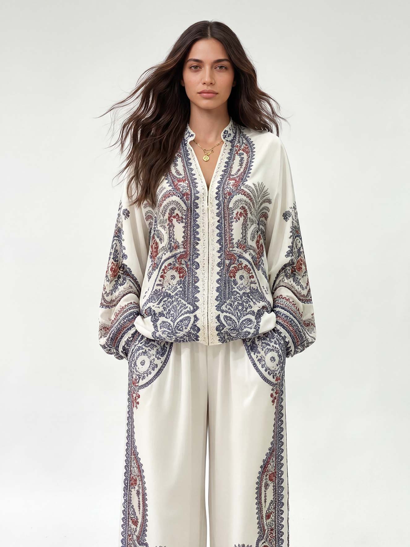 Elegant Paisley Print Zip-Up Long Sleeve Shirt