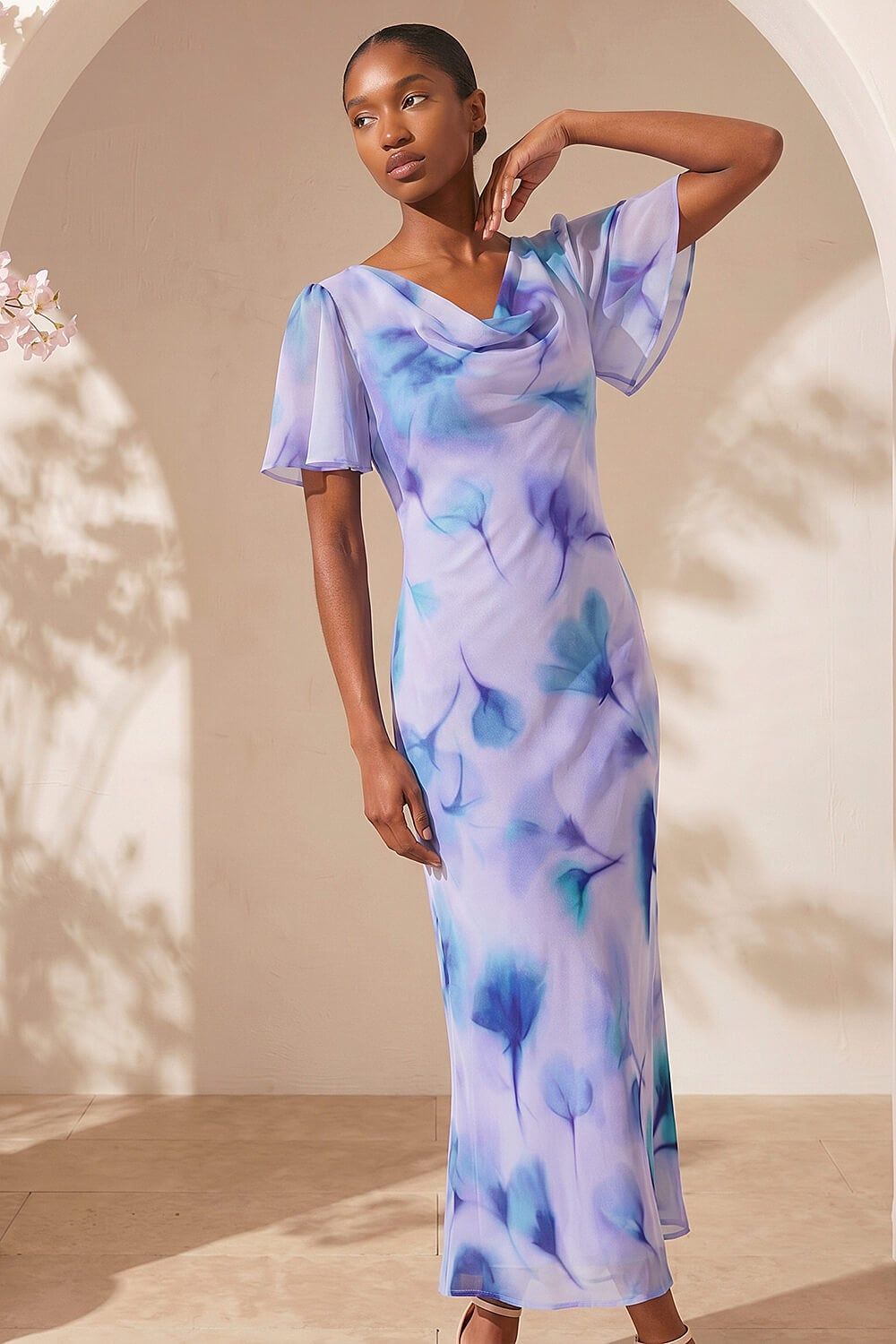 Roman Petite Floral Cowl Neck Midi Dress