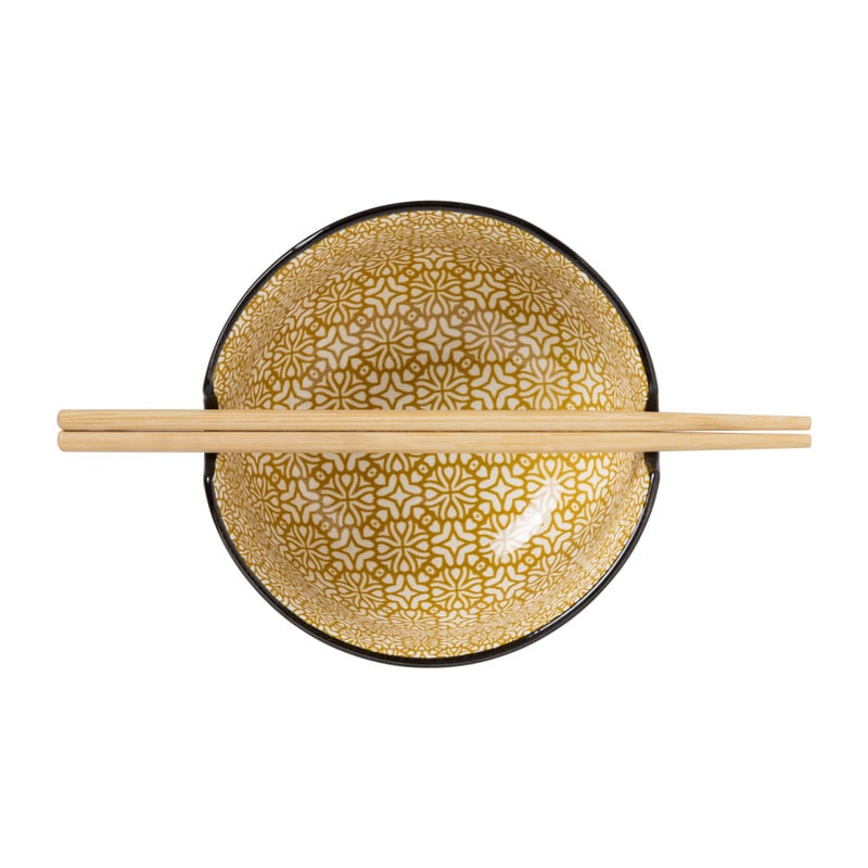 Schaaltje met eetstokjes - geel/zwart - &Oslash;14.7x9 cm