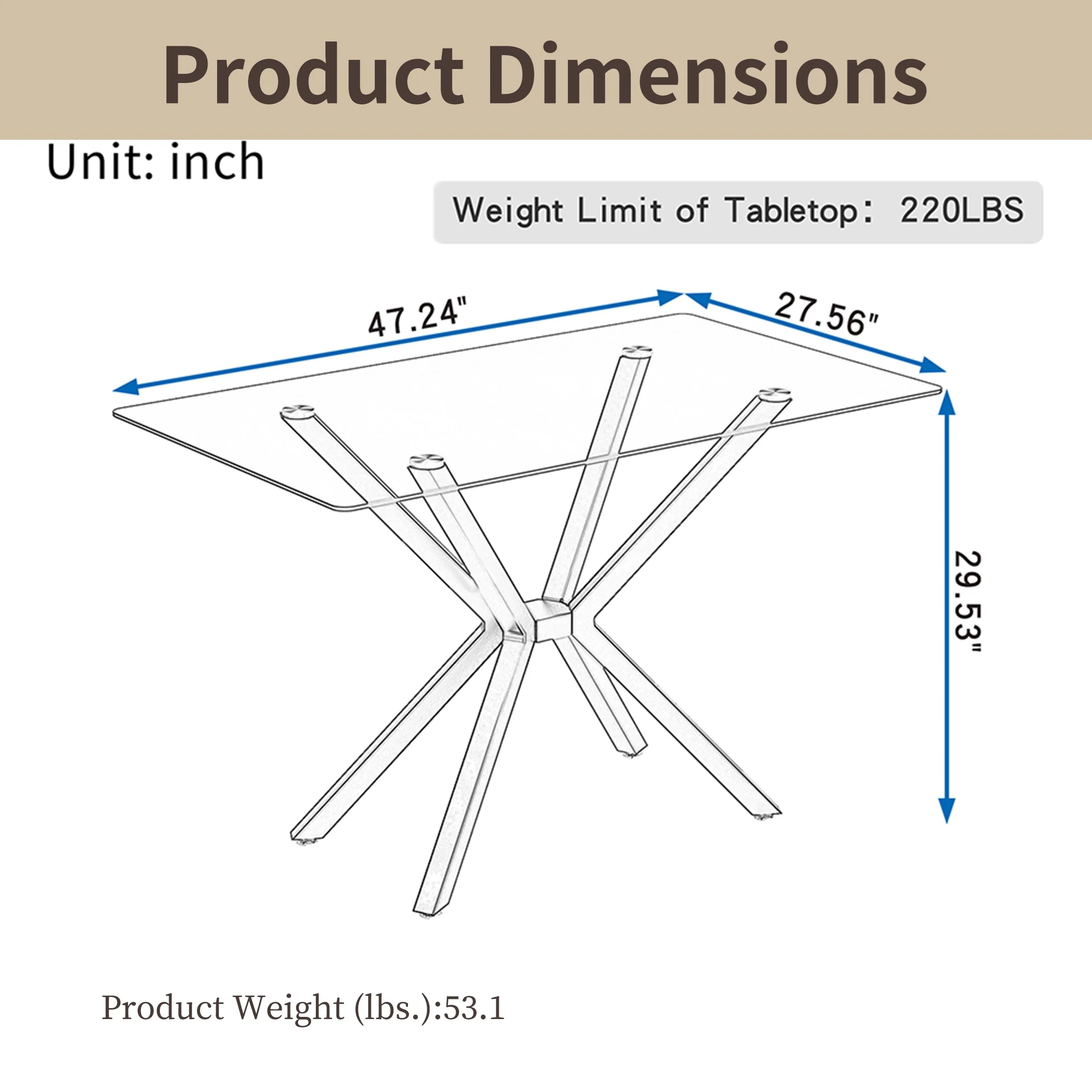 47 inch Glass Dining Table - Black Metal Legs, Adjustable Feet, 220LB