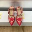 Dior Pearl Beading Flower Ankle Strap Slingbacks