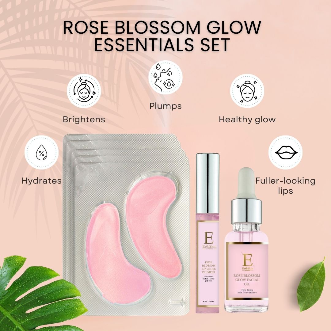 Erth Skin London Rose Glow Facial Oil 30ml, Rose Eye Pads & Lip Plumper 8ml