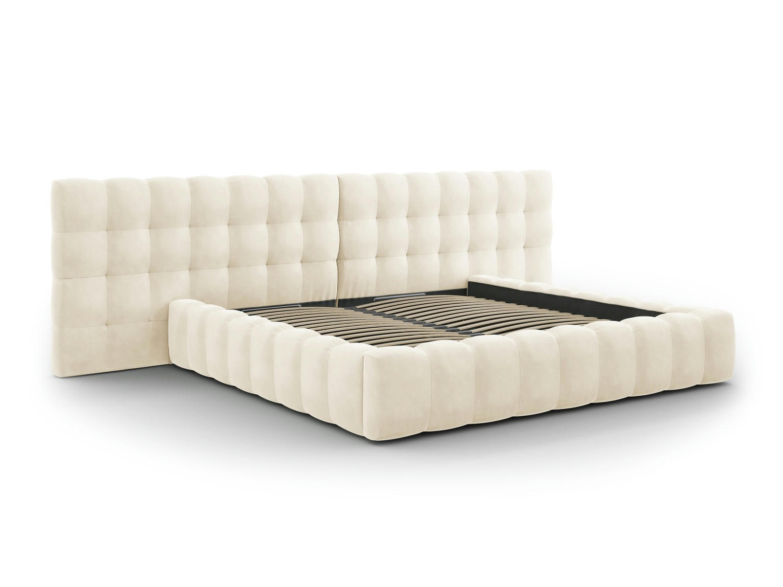 MAMAIA - Lit coffre en avec tête de lit double 200x200cm velours beige clair