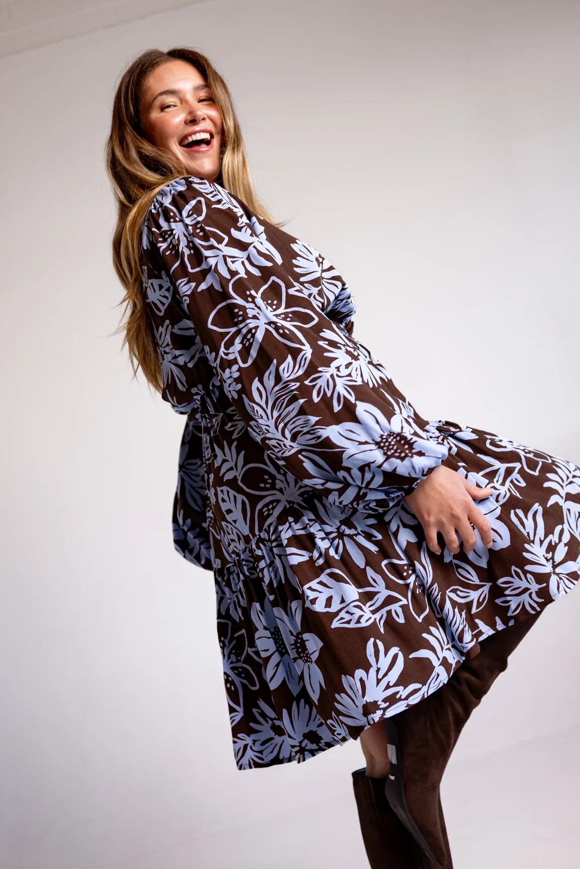 Deni Long Sleeve Dress in Blue Lani Chocolate