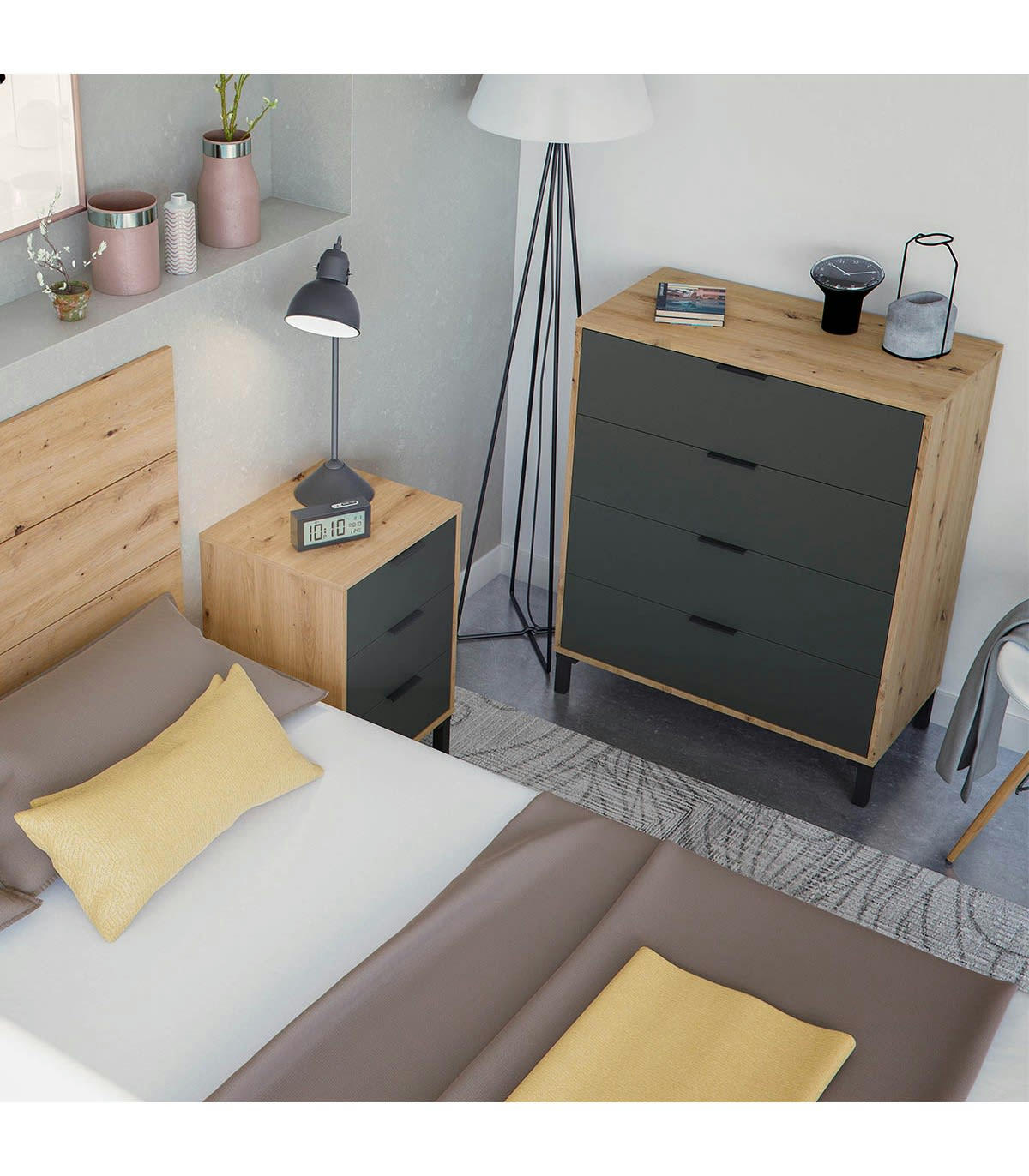 ENZO - Commode 4 tiroirs effet bois et gris anthracite - L77,5 x H93,5 cm