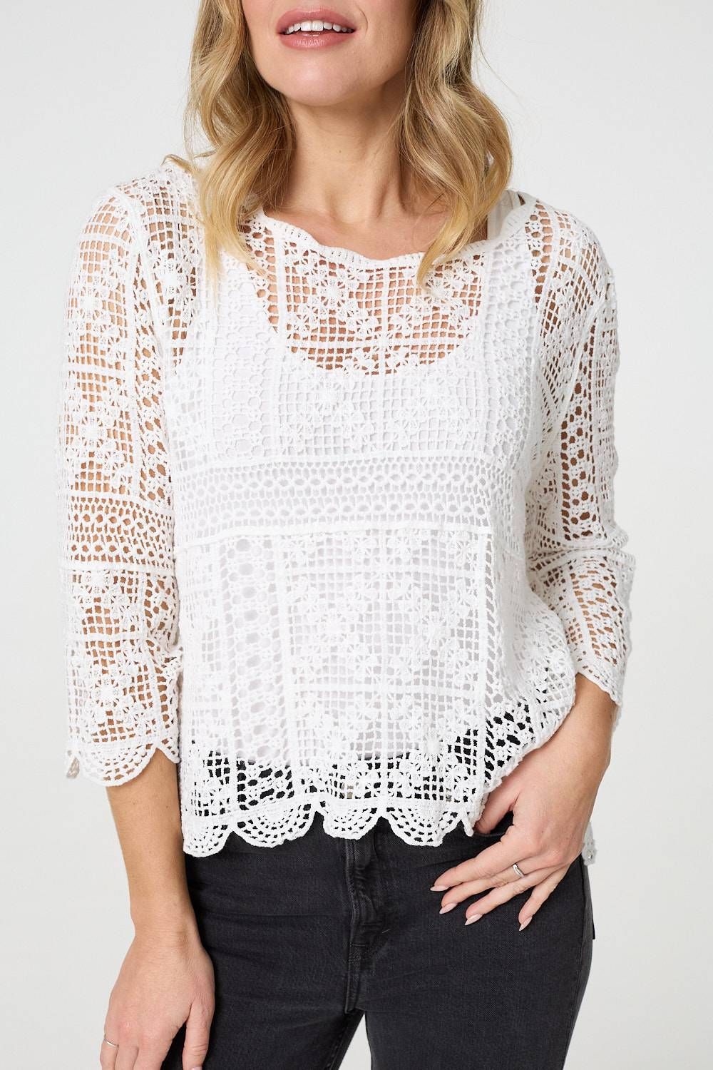 Izabel London Lace Crochet Semi Sheer Layered Top