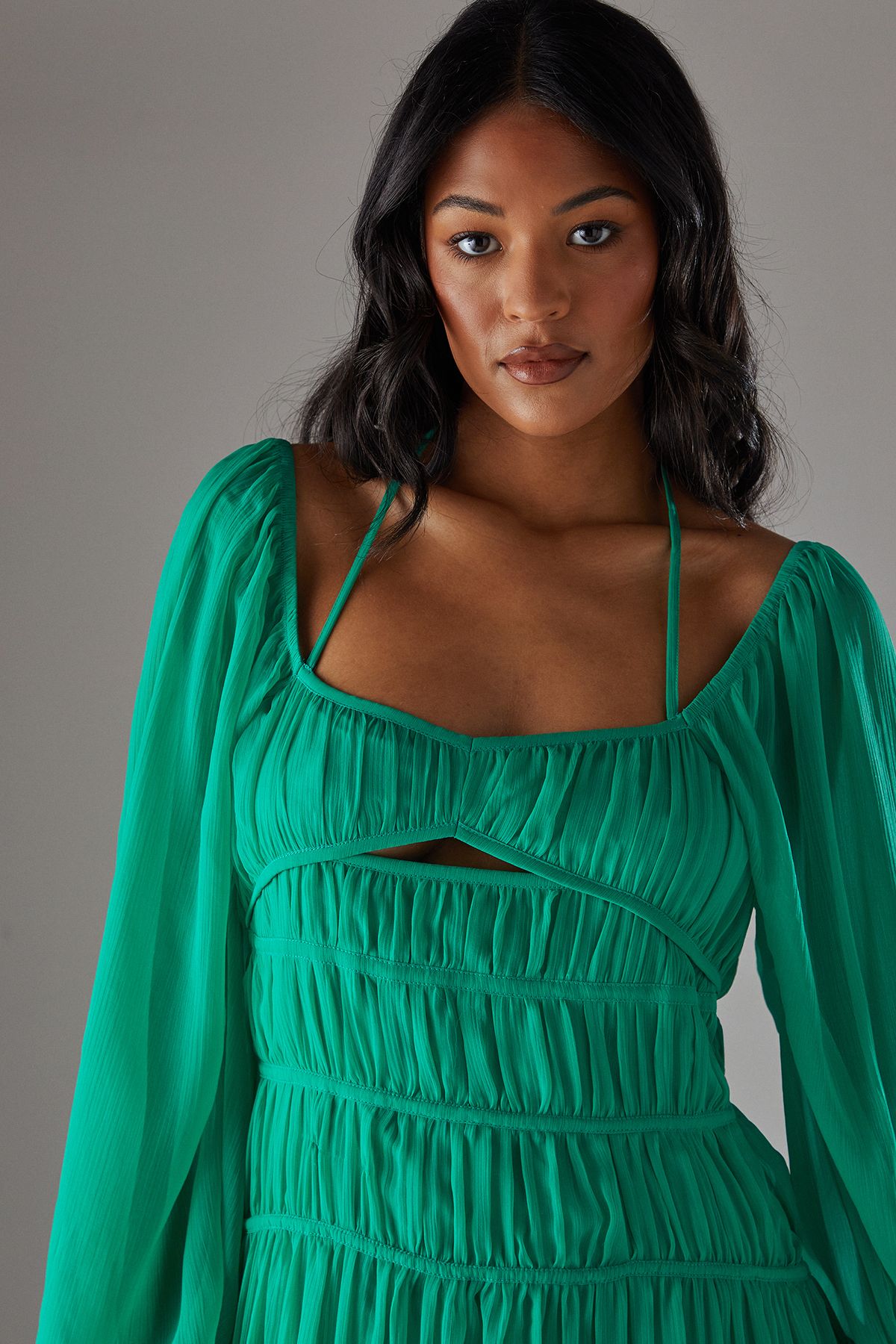 Warehouse Chiffon Gathered Seam Halter Tie Hanky Hem Midi Dress