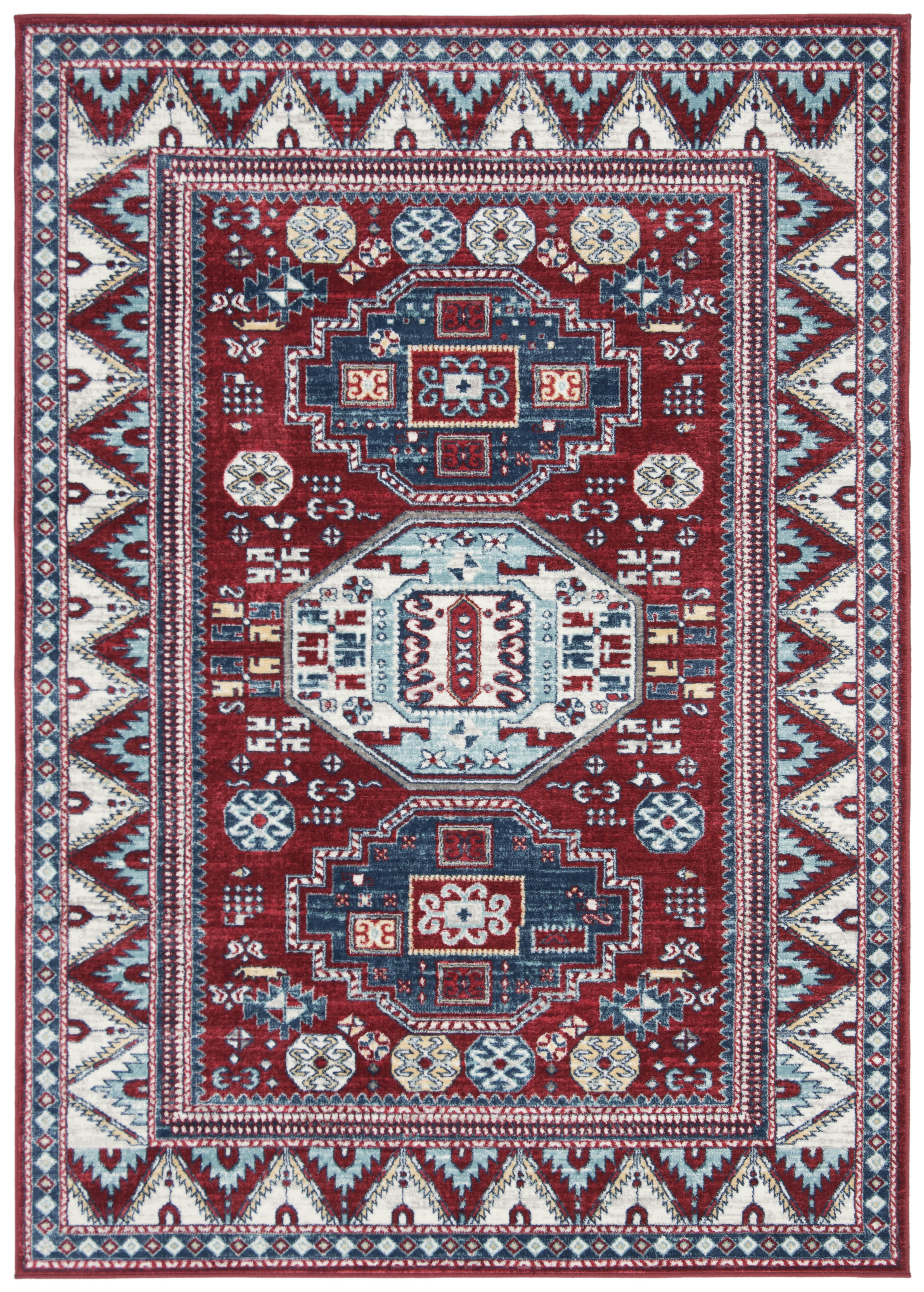 KAZAK - Tapis de salon interieur en rouge & bleu, 122 x 183 cm
