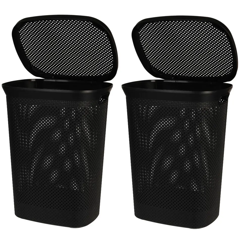 Trendoz Wasmand - 60L - zwart - met deksel - kunststof - 60 cm