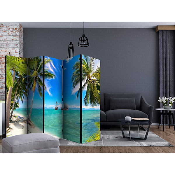 Paravent Déco Océanique 5 Panneaux, Style Navires Perdus 225 x 172 cm Vert et Bleu