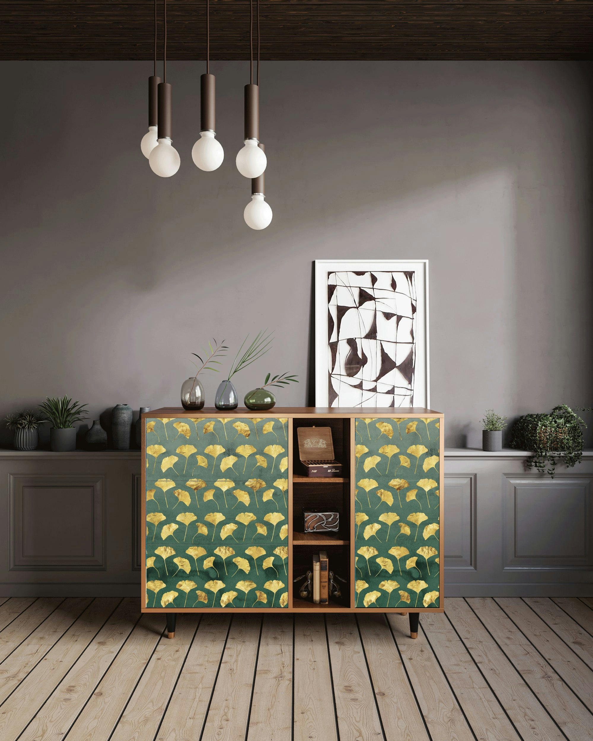 GINGKO LEAVES - Buffet  vert et jaune 3 tiroirs et 1 porte L 125 cm