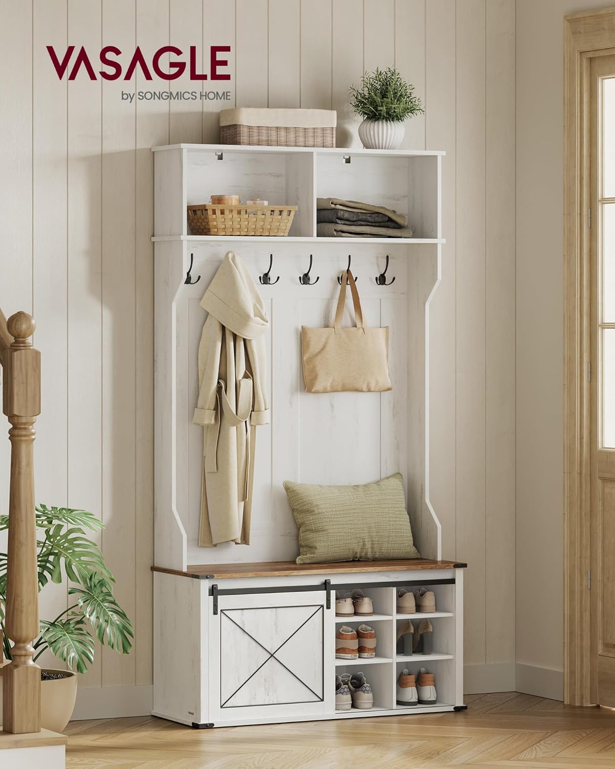 VASAGLE Hall Tree with Bench and Shoe Storage, Coat Rack with Shoe Bench, Entryway Furniture, 6 Tri-Hooks, Sliding Door, Farmhouse Style, Space Saving, Rustic White and Honey Brown UHSR442W01V1