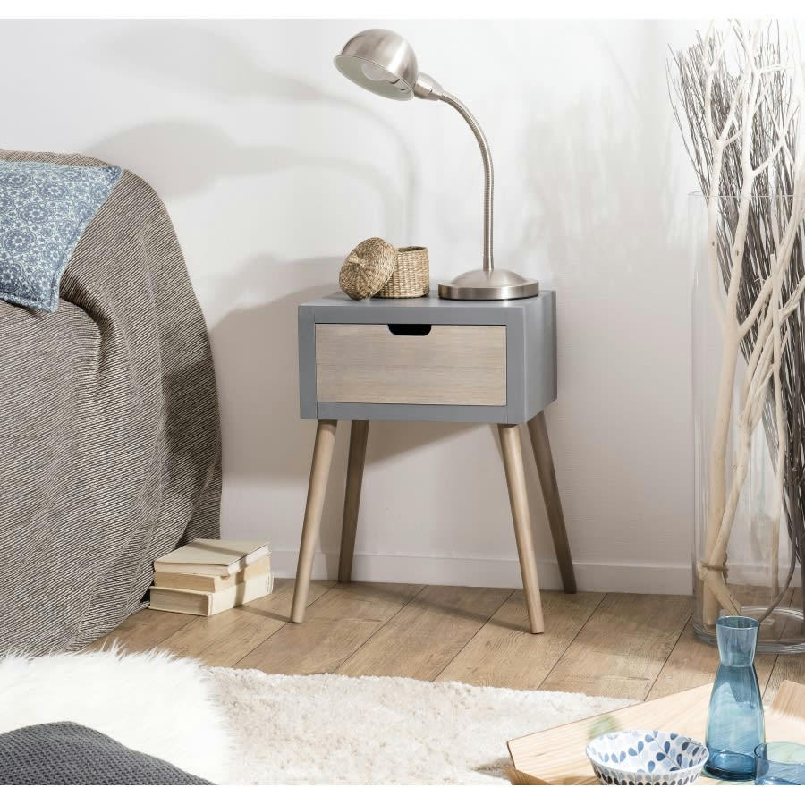 MARTIN - Chevet en pin gris 1 tiroir beige