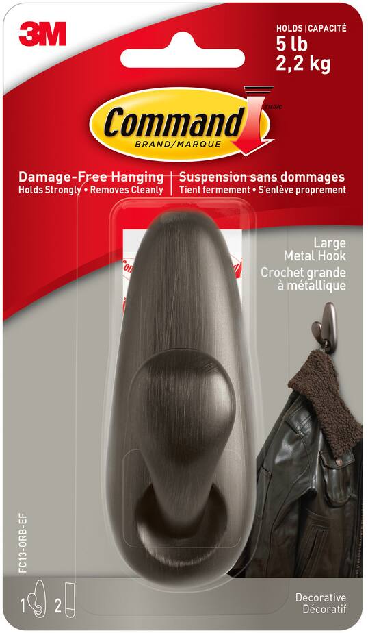 Command Large Decorative Metallic Hook with Adhesive Strips, Oil Rubbed Bronze, 5-lbs, 1 Strip per Pack