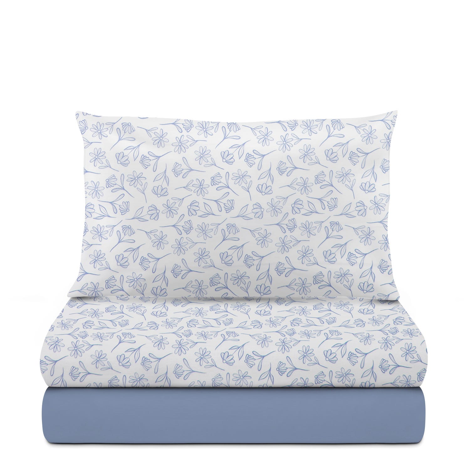 Completo letto 1 piazza e mezza fiori blu cotone