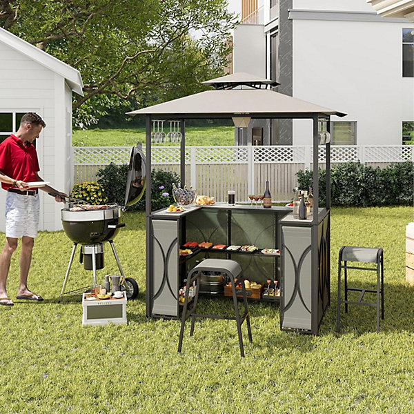 3 Pcs Abri Barbecue avec Bar Extérieur Table de Bar en Verre Trempé 2 Tabourets Porte Verres Abri de Grill Double Toit