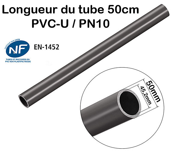 Lot de 3 Barres Tuyau 50mm Longueur 50cm Rigide Tube PVC diamètre extérieur 5cm