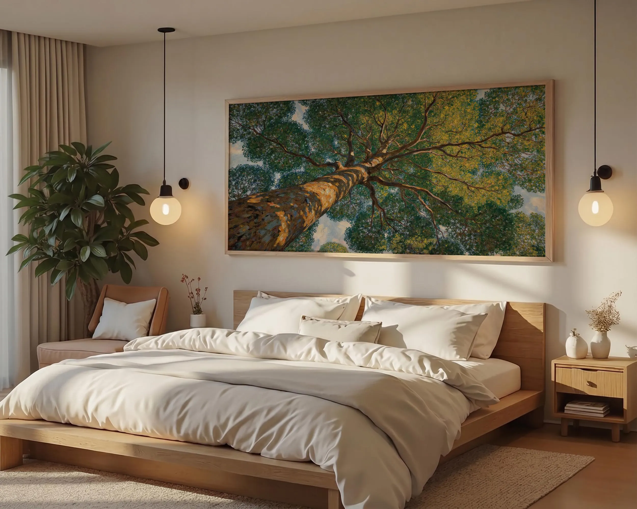 Framed Impressionist Canvas Wall Art, Gustav Klimt Giant Oak, Panoramic Botanical Prints