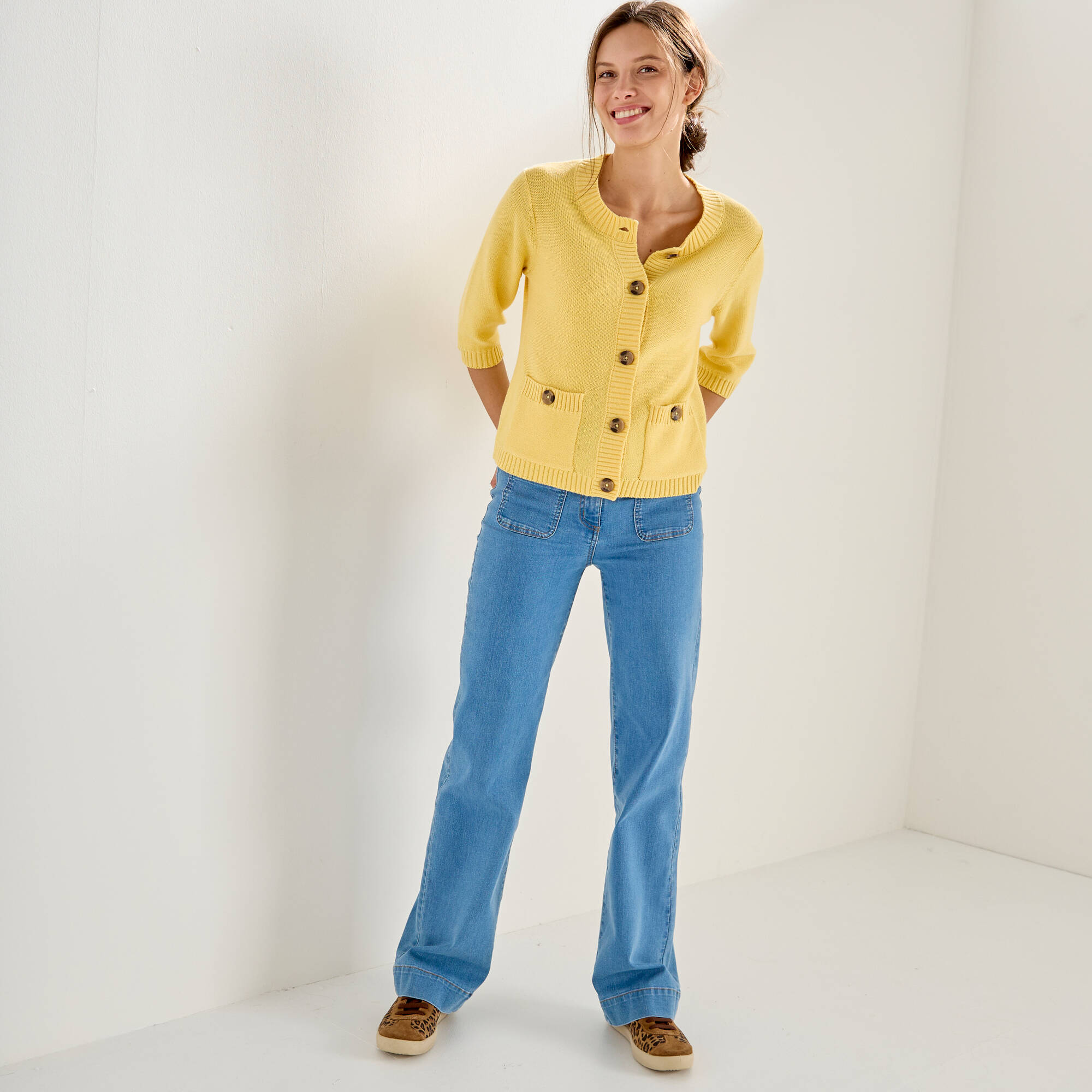 Cardigan boutonné à poches, manches coude