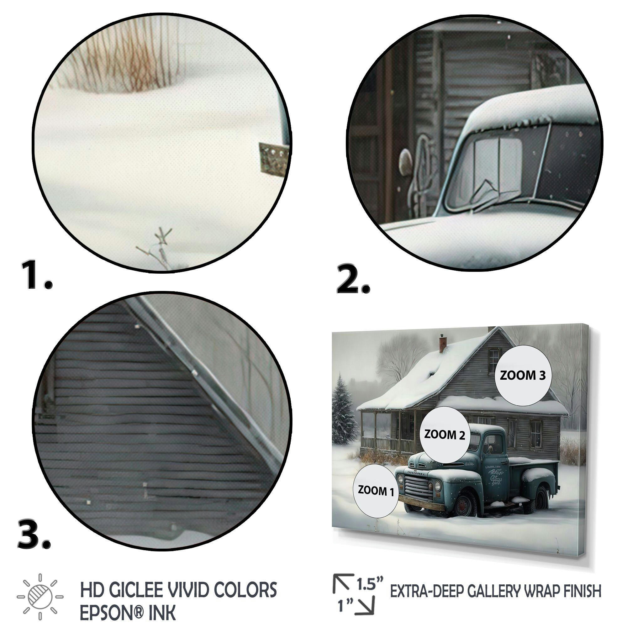 Designart Old Truck At The Barn In Winter IV Canvas Wall Art, White, 20-in x 12-in