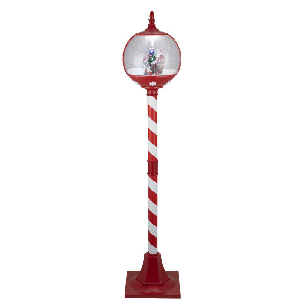 Lampadaire de No&euml;l animé et lumineux scène effet neige rouge et blanc H150cm