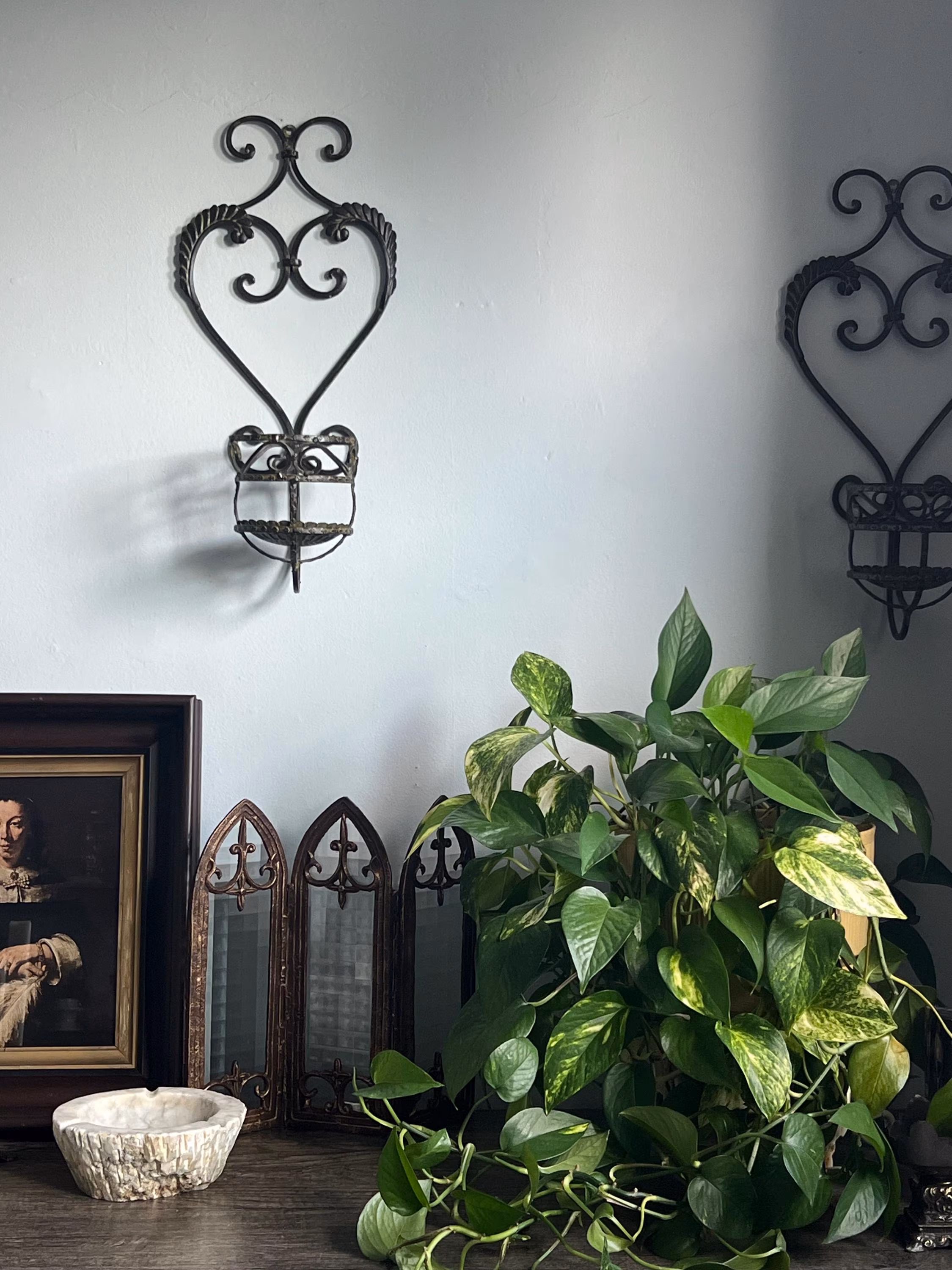 Rare Mini Vintage Wrought Iron and Glass Three Panel Cathedral Shaped Folding Screen | Gothic Style | ShopEleanorLouise