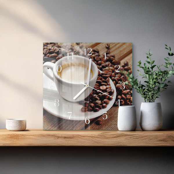 Szklany zegar 30x30 Filiżanka Kawy zegar ścienny