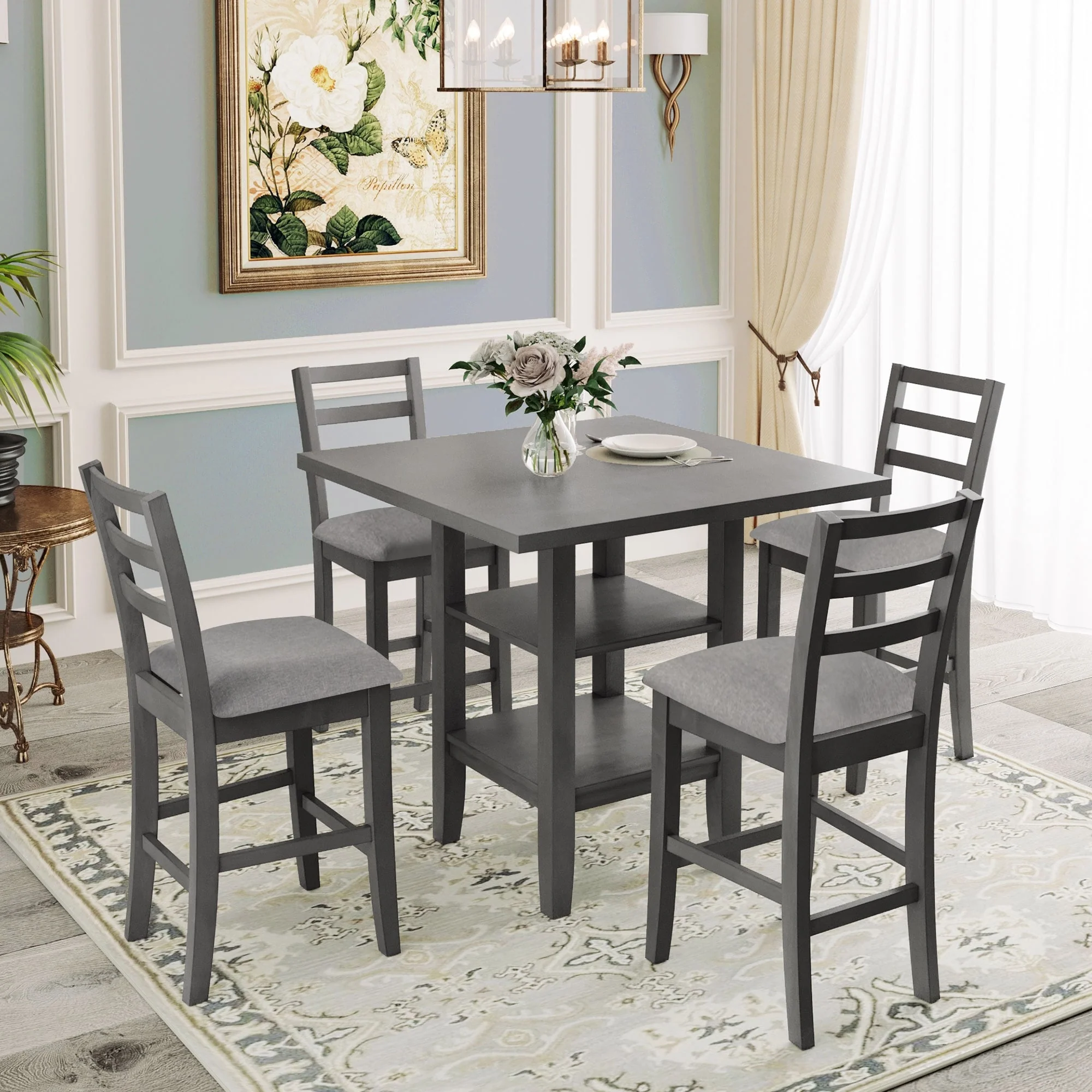 Gray 5-Piece Counter Height Wooden Dining Table Set with 4 Chairs & Storage