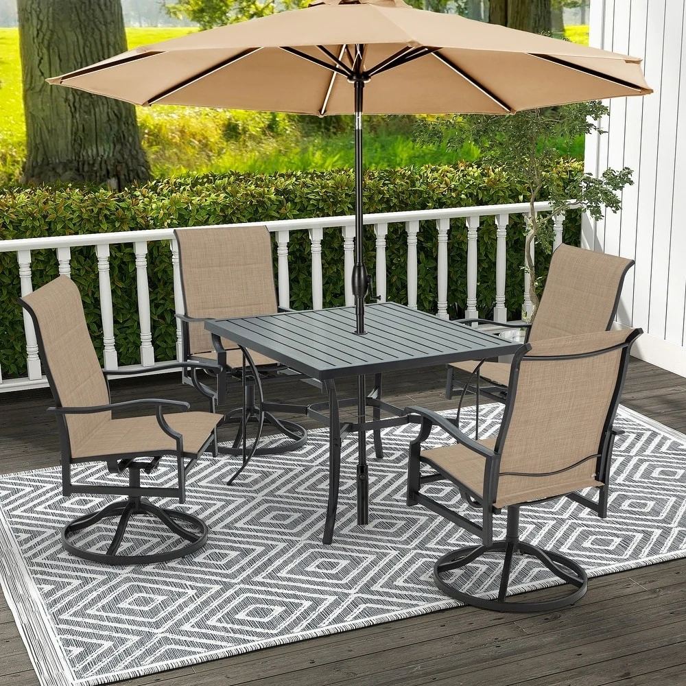 Erommy Outdoor Patio Dining Set with Swivel Rocker Chairs, Metal Table with Umbrella Hole, Patio furniture for Backyard