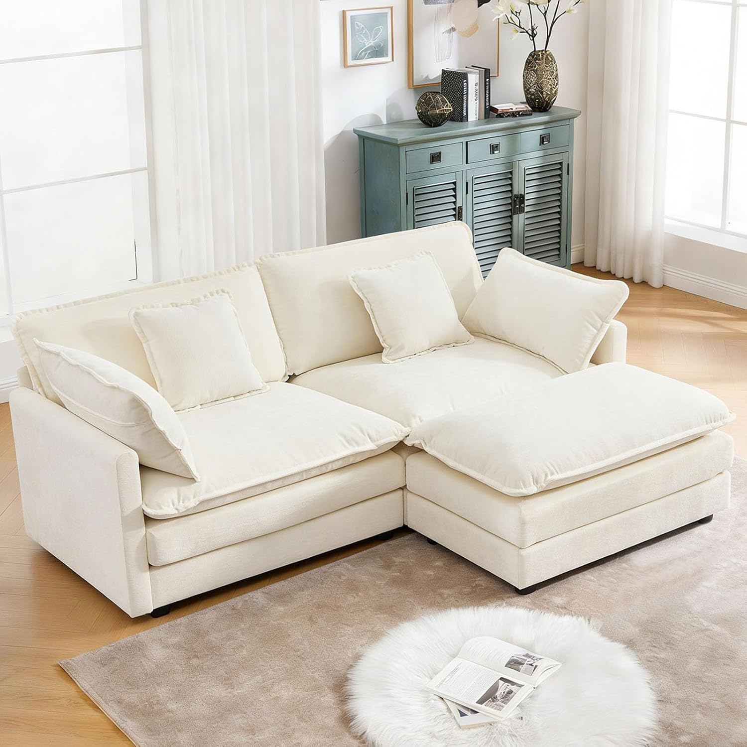 GNIXUU 76.7 Beige L Shaped Comfy Chenille Modular Cloud Sofa, Modern 2 Seater Couch with Movable Ottoman, Deep Seat Sofa with 4 Pillows for Living Room Apartment Small Places