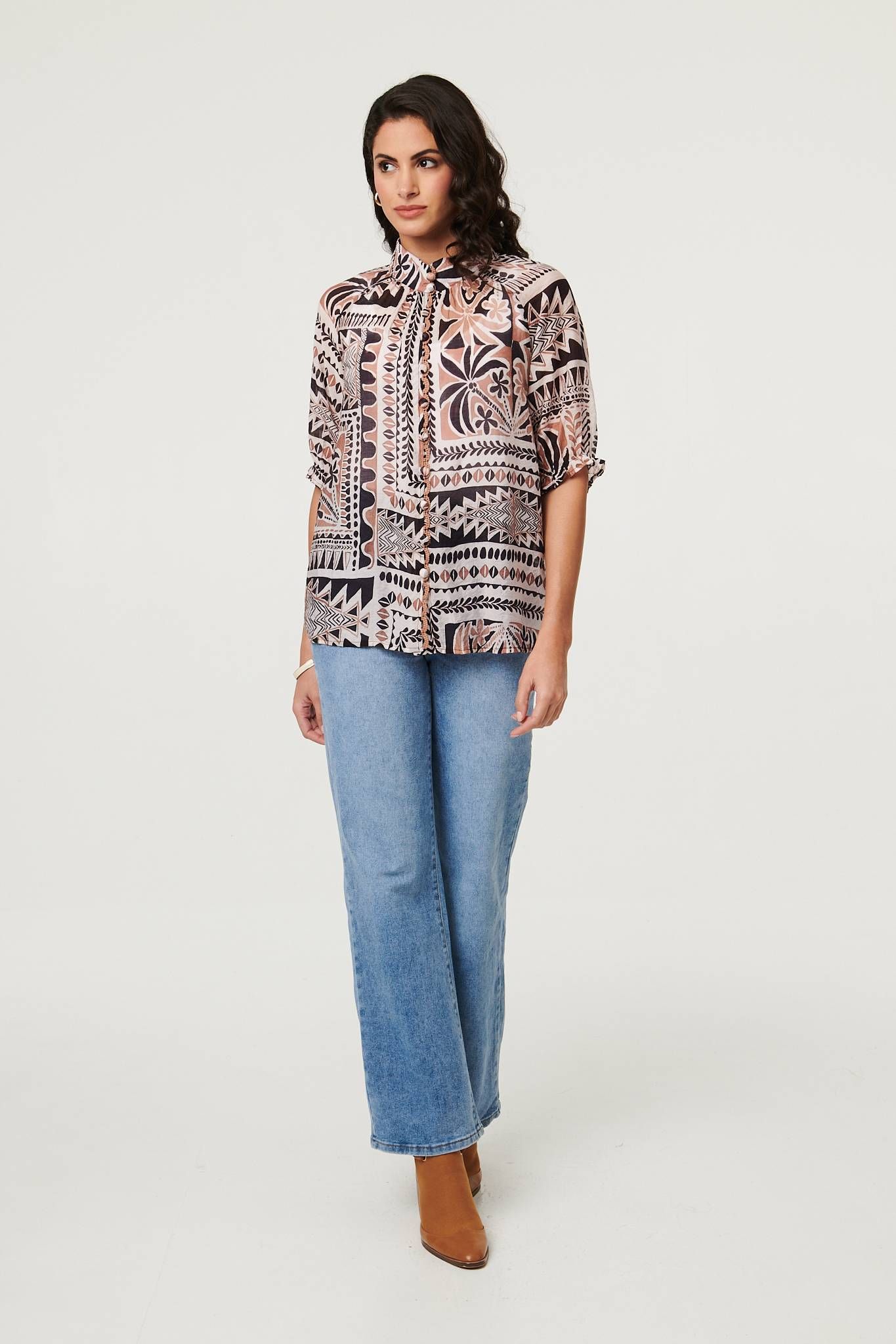 Izabel London Abstract 3/4 Sleeve High Neck Shirt