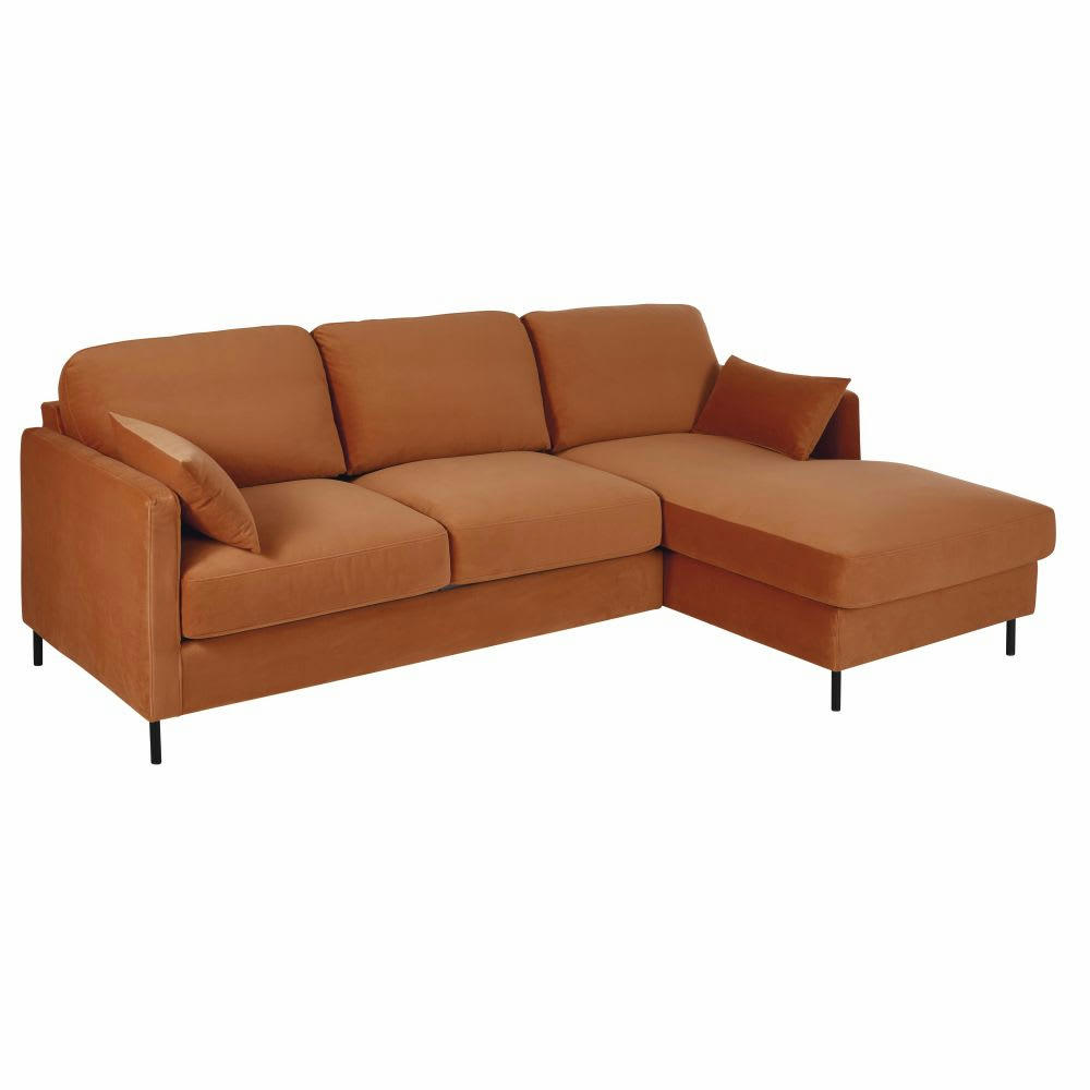 Julian - Canapé d'angle droit convertible 4/5 places en velours orange écureuil, matelas 14 cm