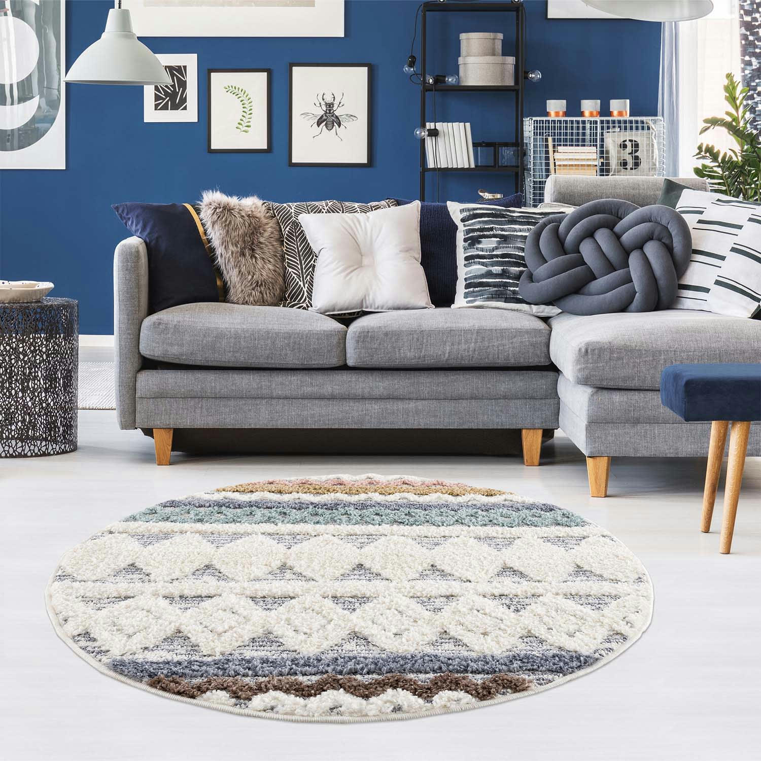 BÖHMEN - Tapis rond à poils longs et relief multicolore 200x200cm