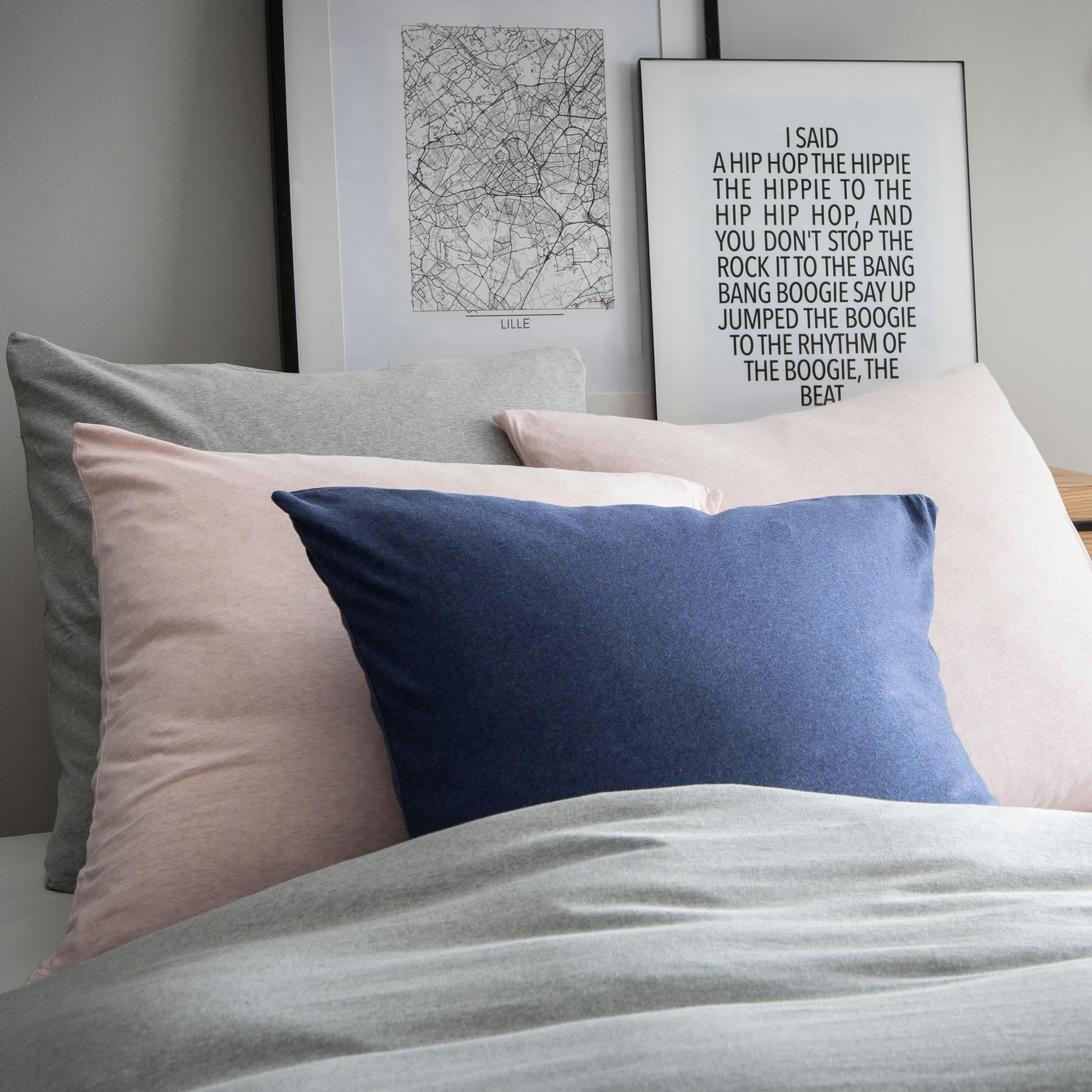 JERSEY - Parure de lit unie en jersey de coton Gris Chiné 140x200+65x65cm