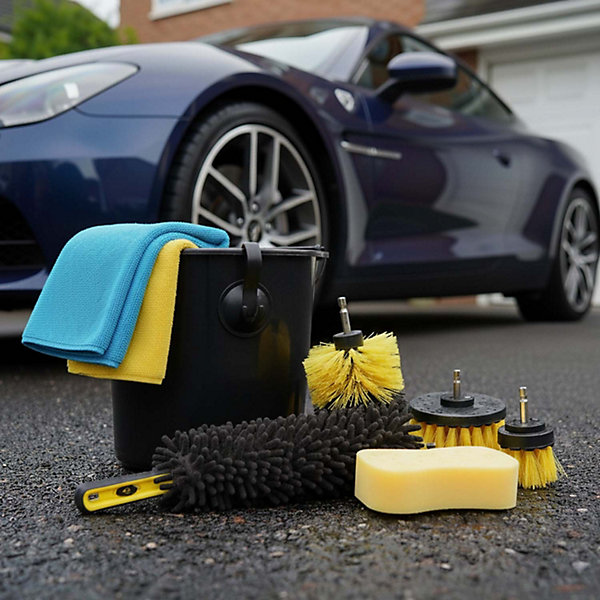DUNLOP Kit de Nettoyage Roue pour Voiture 7 Pièces - Brosse Jantes Chenille, éponge XL, 2 Microfibre 300gsm, Nettoyage Voiture