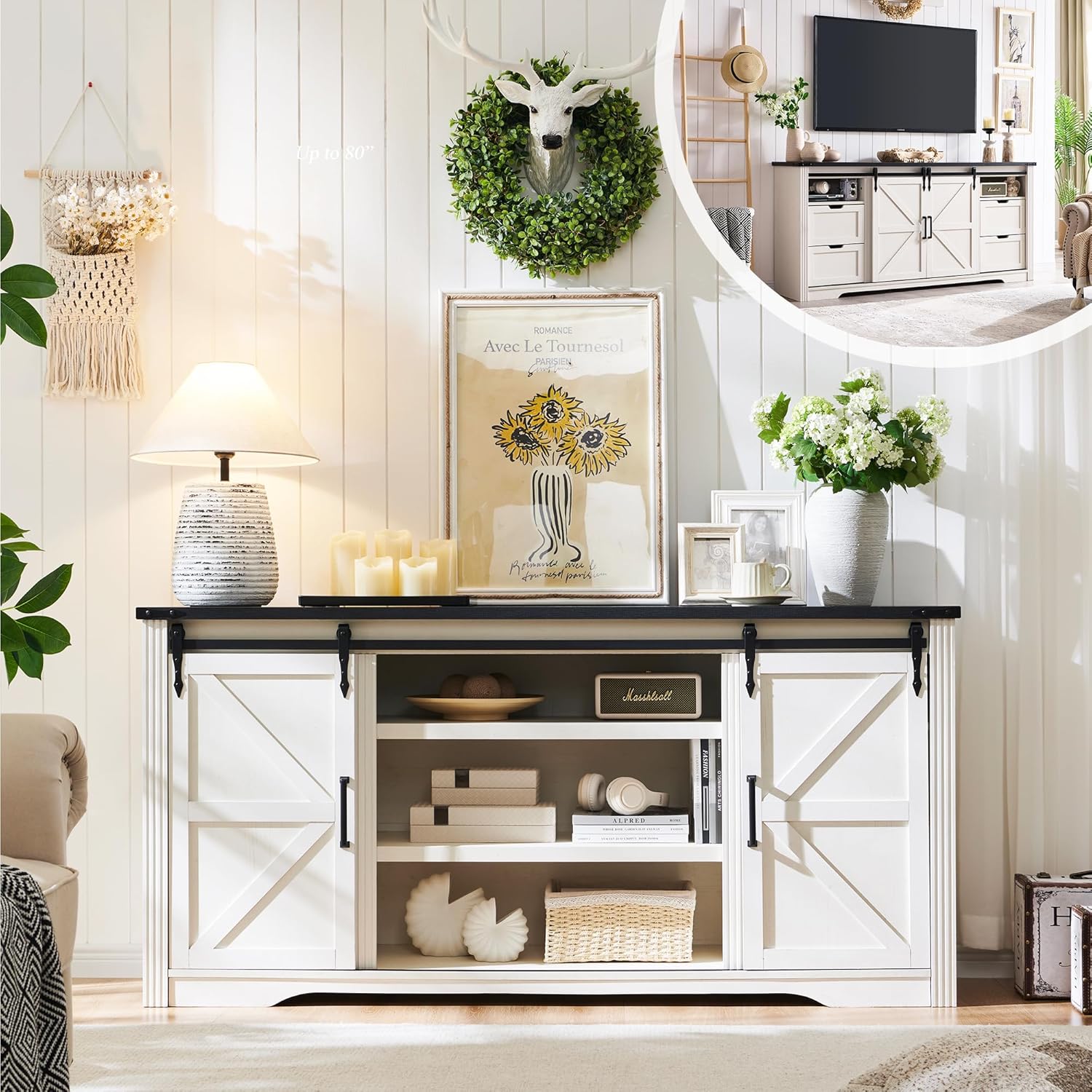 LINGMU Farmhouse TV Stand for 75 80 Inch TV, 32 Tall Entertainment Center w/4 Drawers & Sliding Barn Door, Rustic Media Console w/Storage Shelves, 66 Wood Television Stand for Living Room, Off White