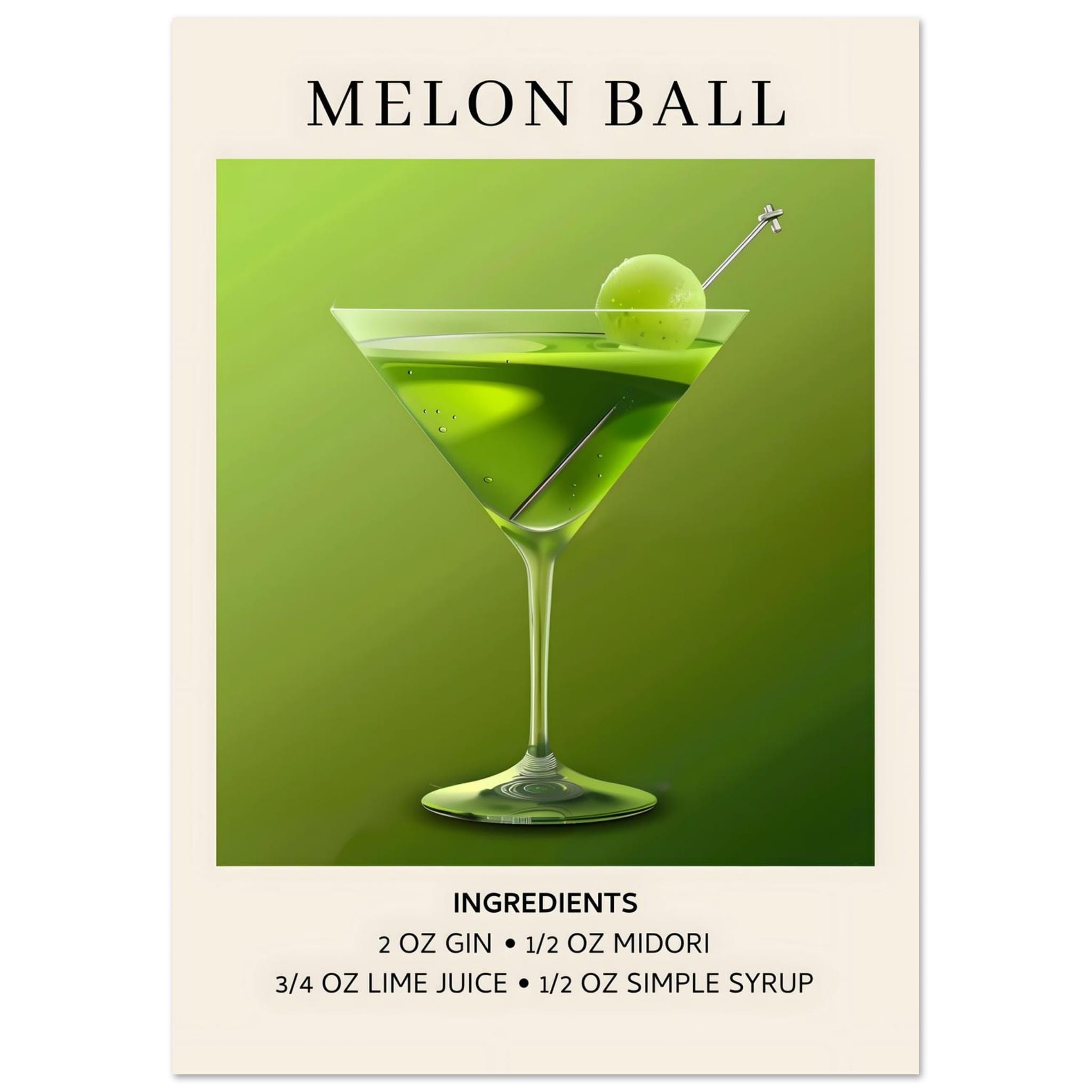 Artfulprints Poster Melon Ball cocktail - Ingrediënten  - A4 21x29.7 cm - Groen