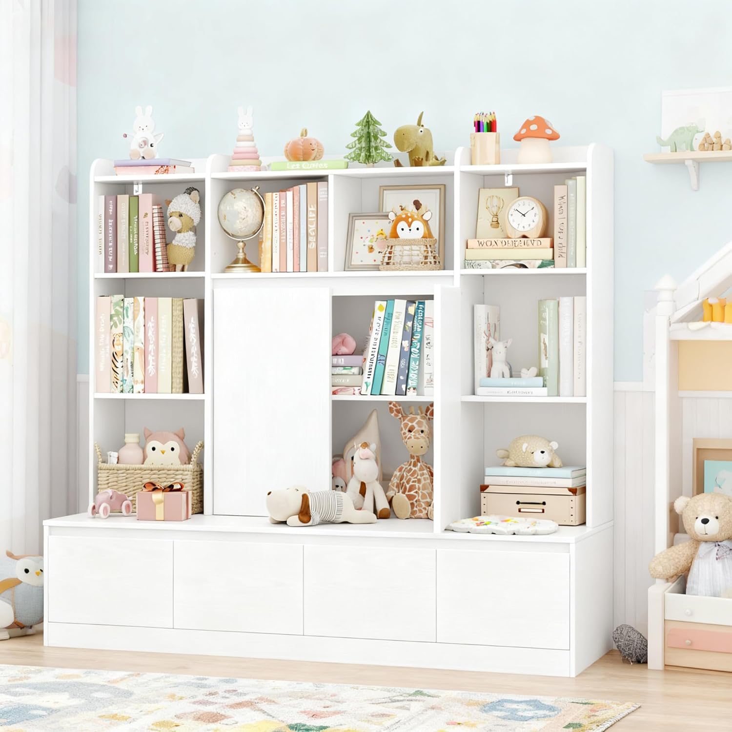HIFIT 4-In-1 Kids Bookshelf and Toy Storage Organizer with Bench, 10-Cube Kids Bookcase with Reading Nook & 4 Sliding-Drawers & 2 Doors, Toy Chest Storage Cabinet for Playroom, Nursery,Classroom,White