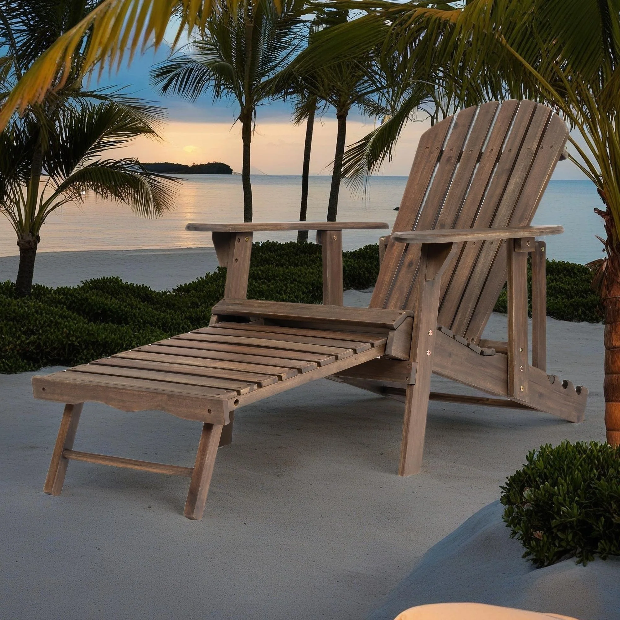 Rustic Outdoor Acacia Wood Foldable Adirondack Chairs with Expandable Footrest