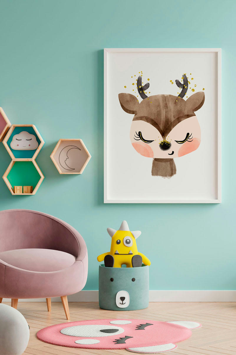 DECOWALL - Impression de cerf encadrée en bois blanc 43X33 cm