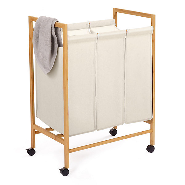 Panier à linge 3 compartiments bambou RITA tissu écru avec roulettes
