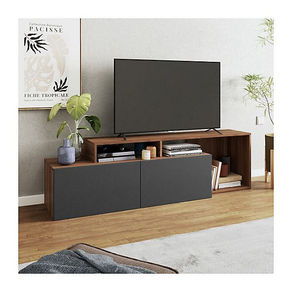 Meuble TV 50 Pouces - ACTUAL DIFFUSION - Noir et Châtaignier - 2 Portes Abattantes - 6 Niches - Bar