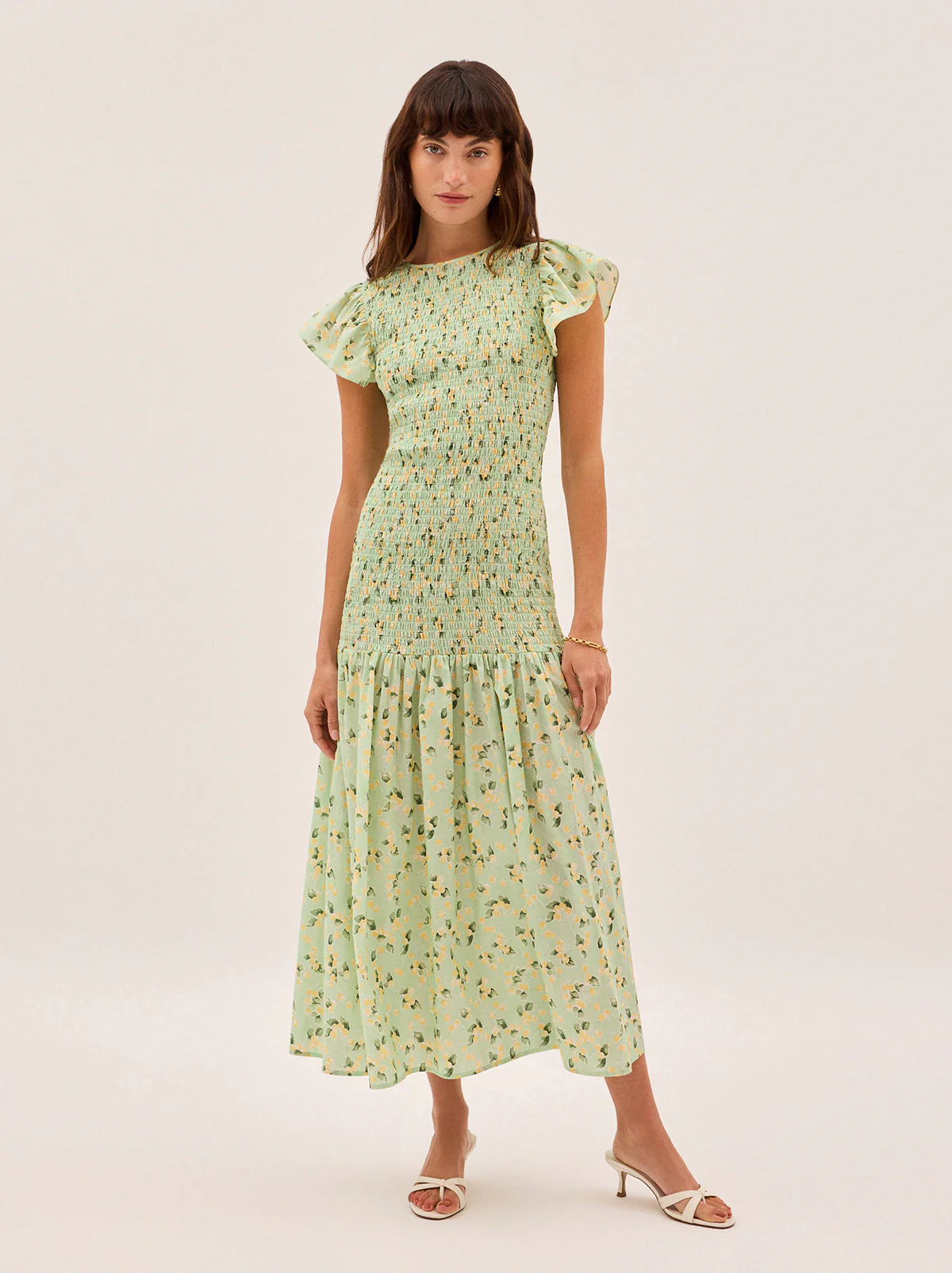Jemima Green Cherry Print Shirred Maxi Dress