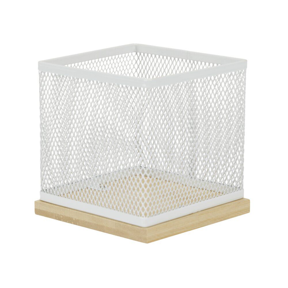 Pot à stylo bureau bambou et métal grillagé blanc 10x10x10cm