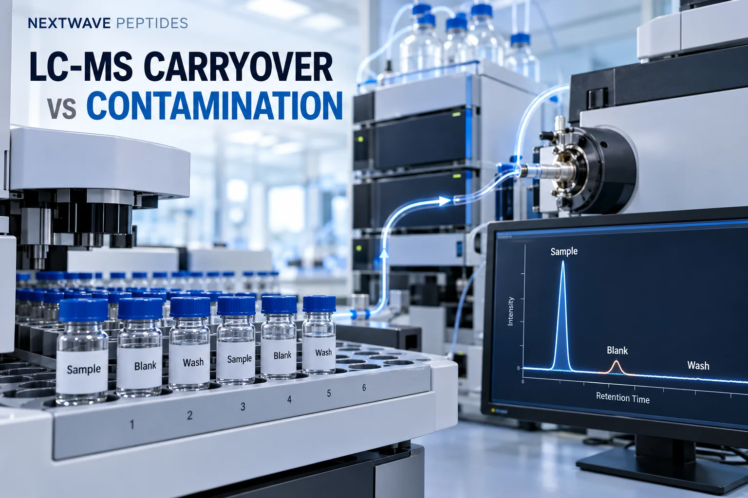 LC-MS autosampler with research vials labeled Sample, Blank, and Wash beside a chromatogram illustrating a carryover check.