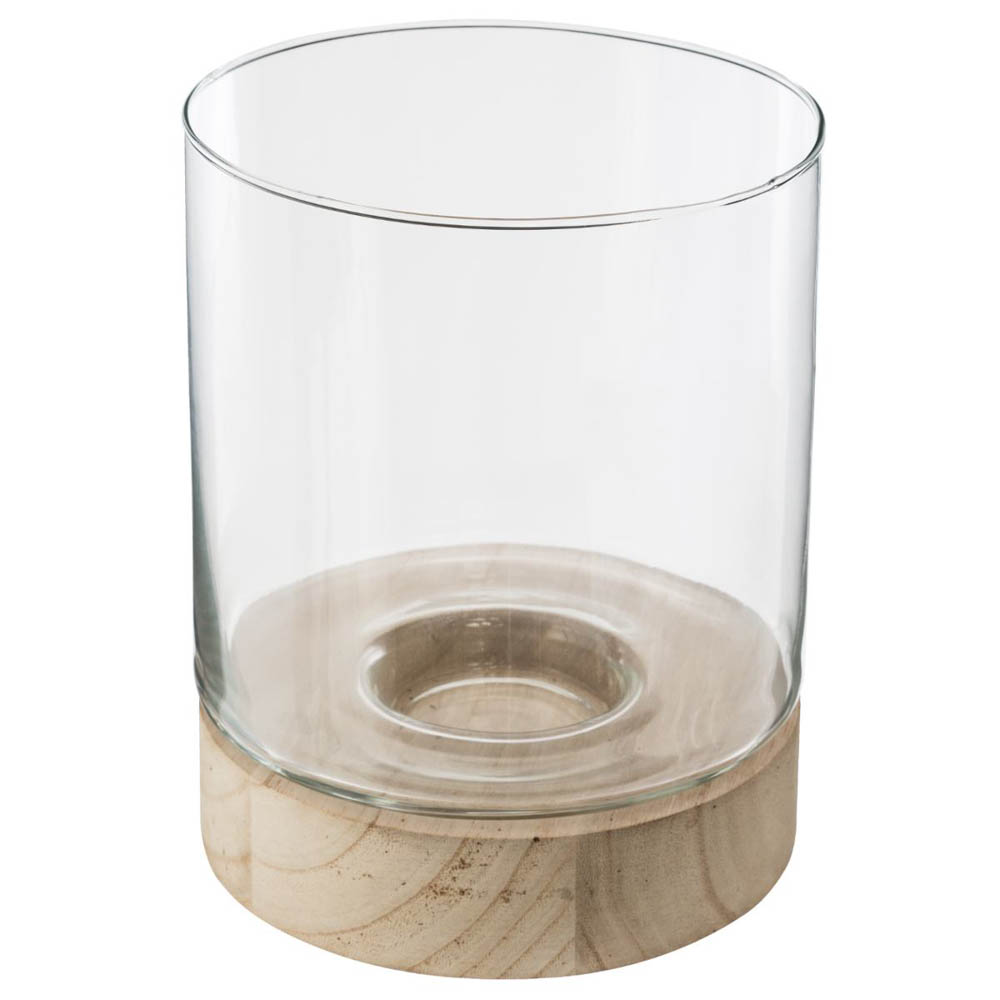 Castiçal em vidro com base em madeira 20x16cm