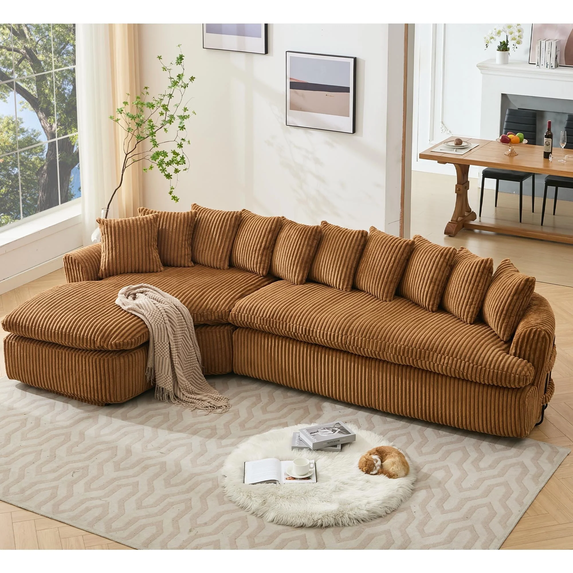 127 Corduroy L-Shaped Sectional Sofa with 10 Back Cushions