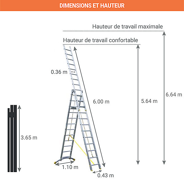 Echelle coulissante 3 plans 3x14 barreaux - Longueur 8,7m / pliée 3,75m - Hauteur escabeau 5,64m - TRC314-R