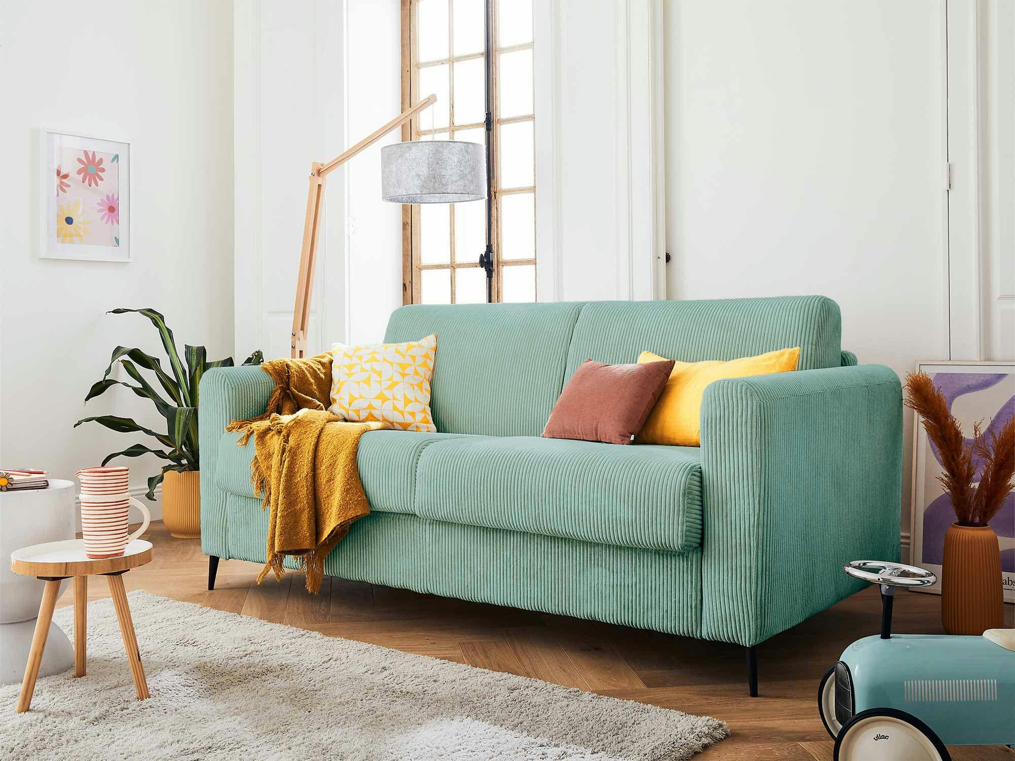 OWEN - Canapé droit convertible 3 places en velours côtelé bleu