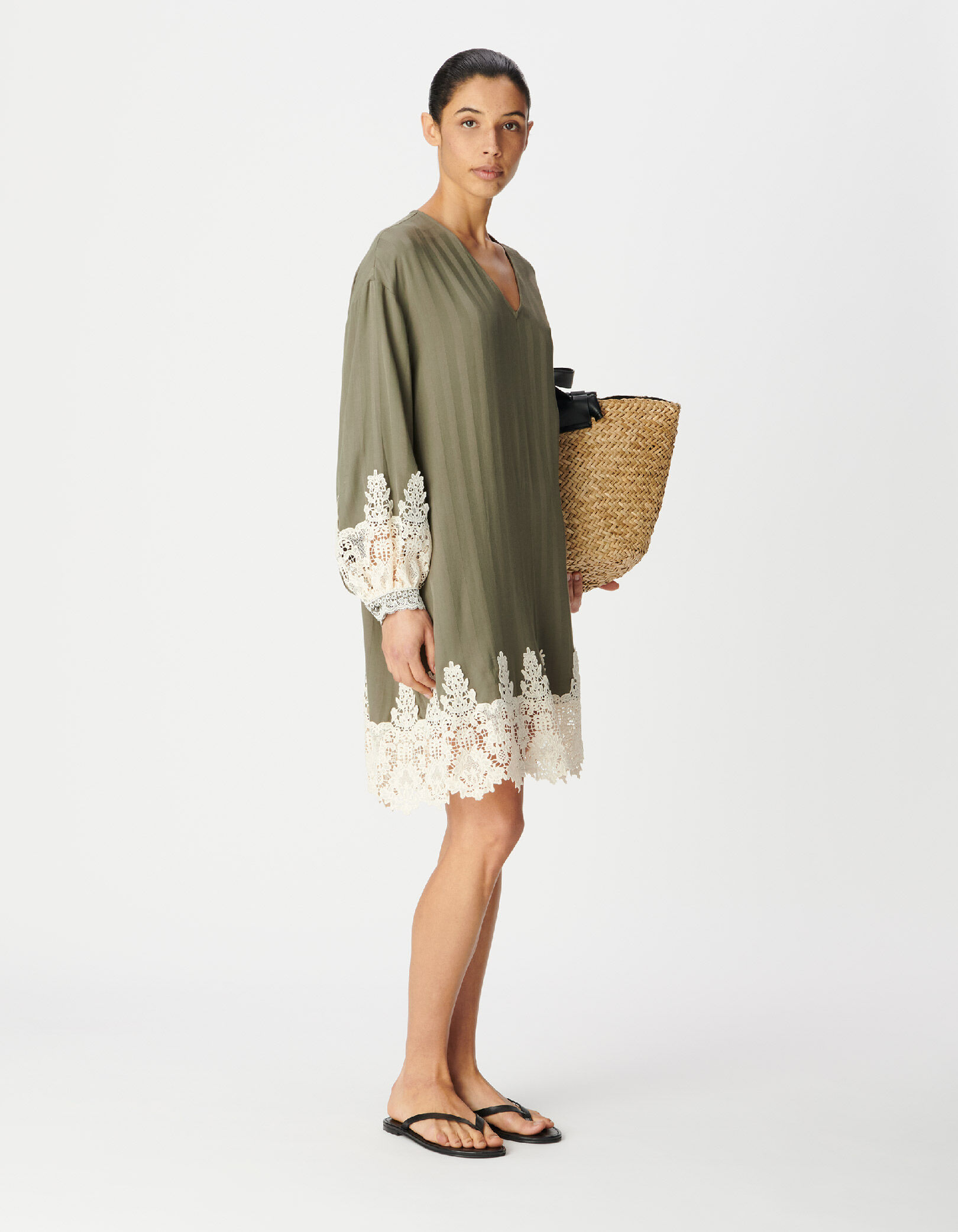 Robe ample kaki rayures bordée dentelle Femme